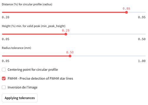 Starshot Analysis settings 